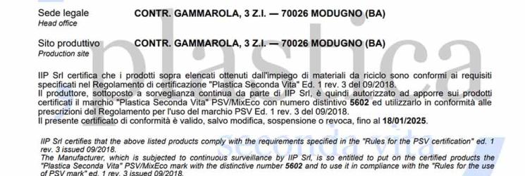 Abbiamo ottenuto la certificazione Plastica Seconda Vita (PSV)